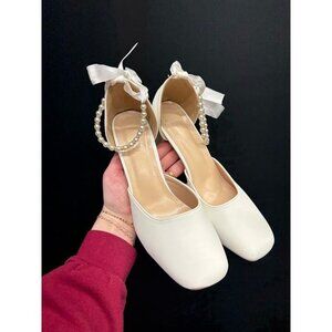 White Pearl Bow Closed Toe Heels